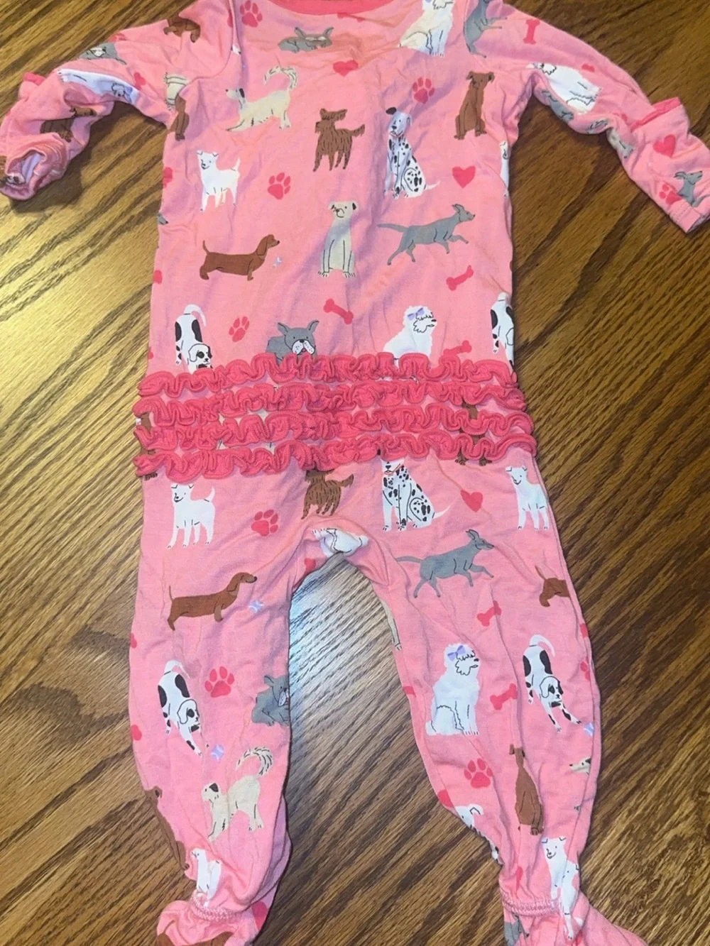 Ruffle Butts Pink Puppy Print Footed Bamboo One-Piece